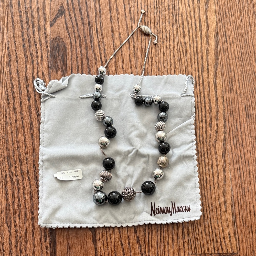 David Yurman Elements Black and Silver Beaded Adjustable Necklace.